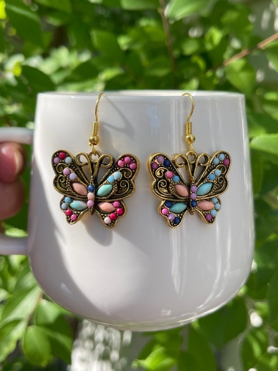 Anthropologie Jewelry - New! Antique Gold Butterfly Drop Earrings with Pink, Blue & Turquoise Accents. 🦋